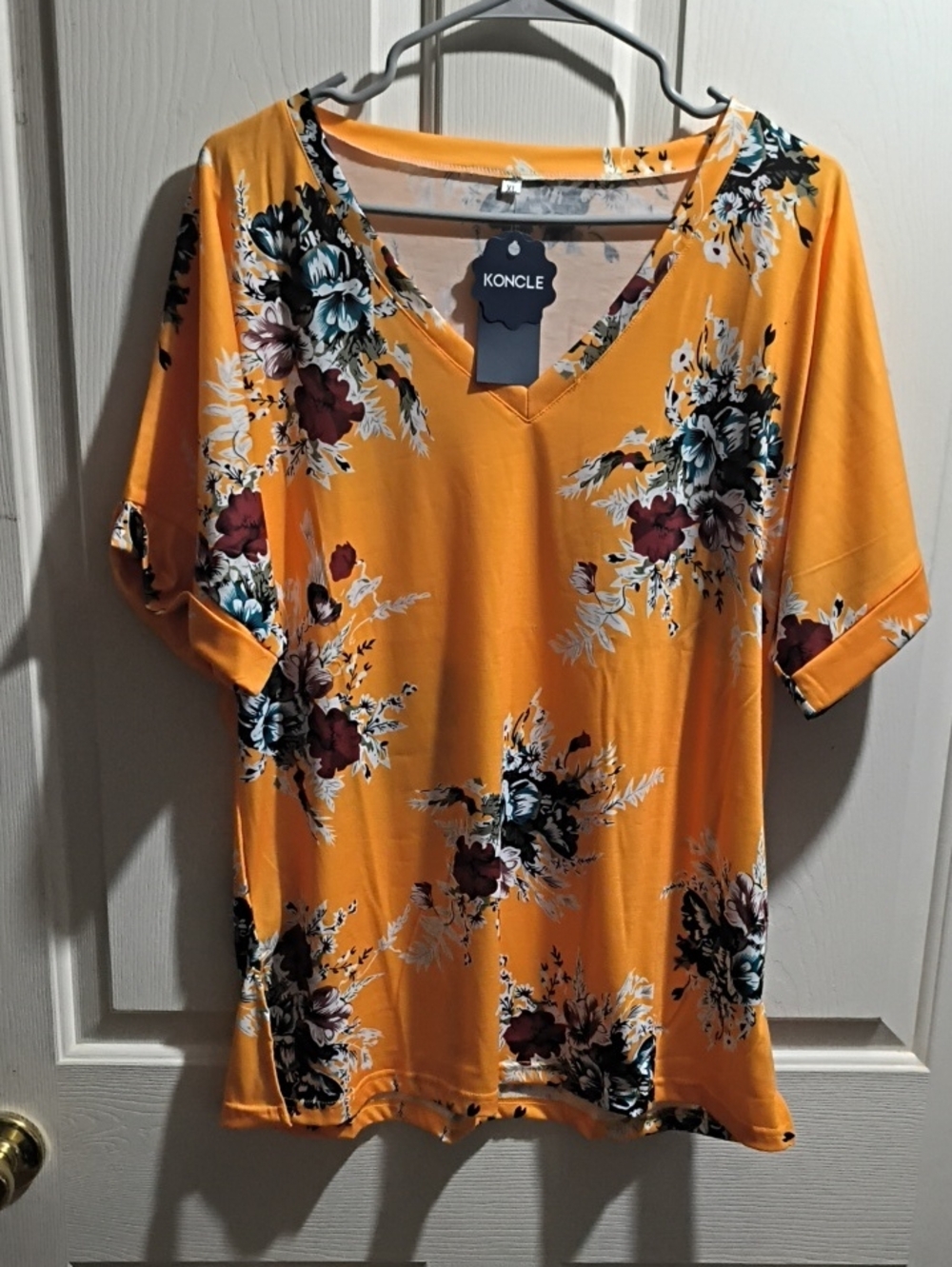 Koncle Women's Mustard Floral V-Neck Short Sleeve Tee